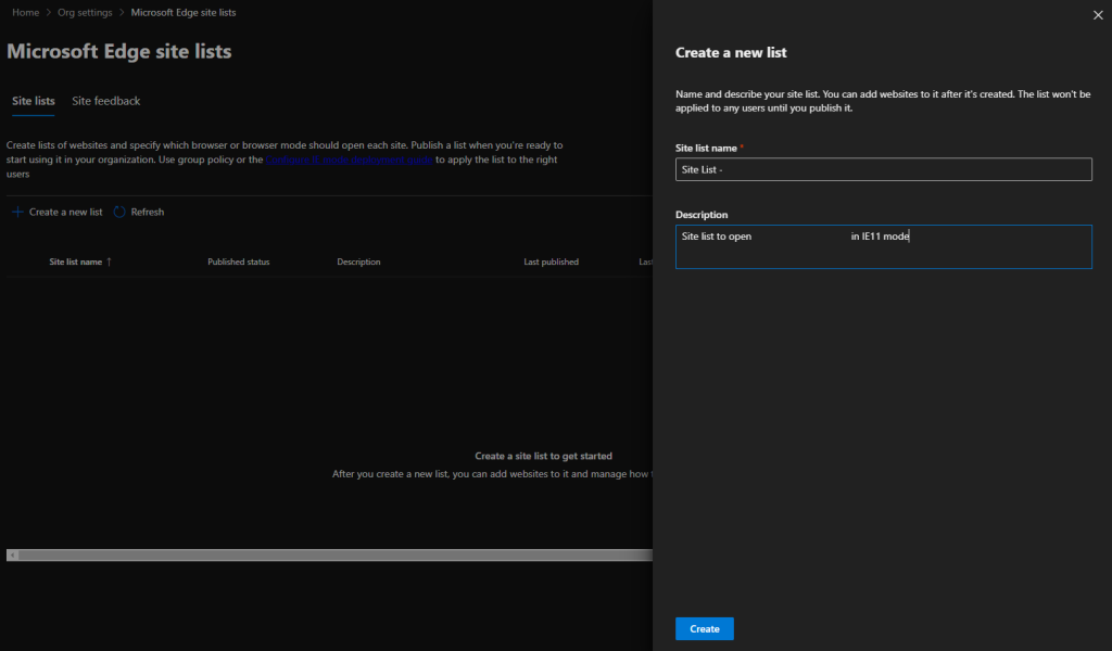 Site list name and description